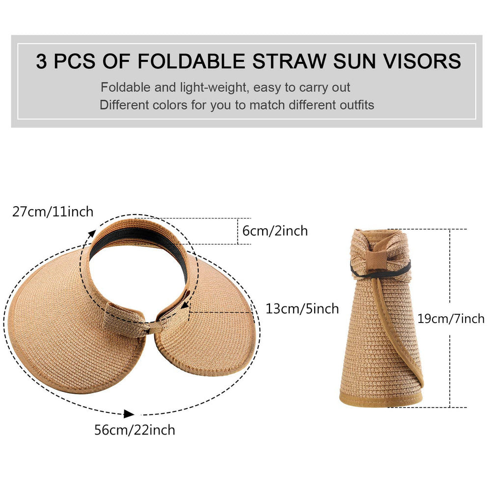 Khaki foldable straw sun visor with bow tie
