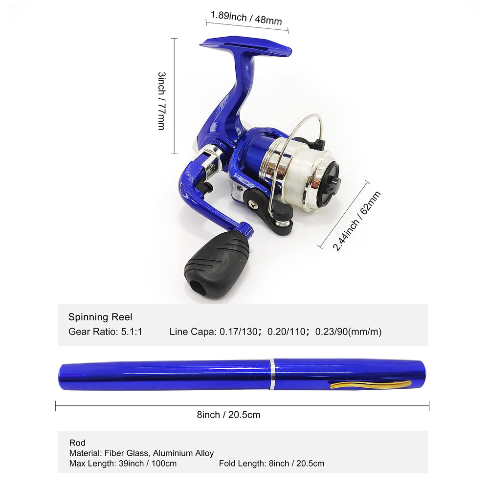Folded 38 inch pen rod with palm-sized spinning reel
