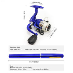 Folded 38 inch pen rod with palm-sized spinning reel
