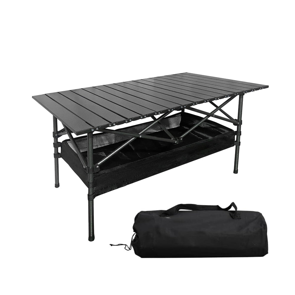 Folding Camping Table rolled compactly in carry bag for easy transport.