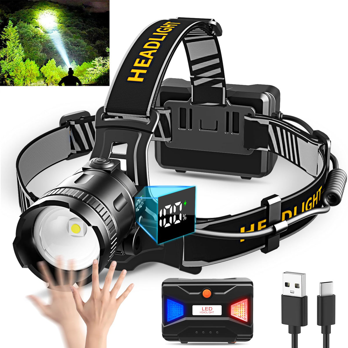 Foleto LED headlamp bright beam demonstrating long-range illumination for night trails