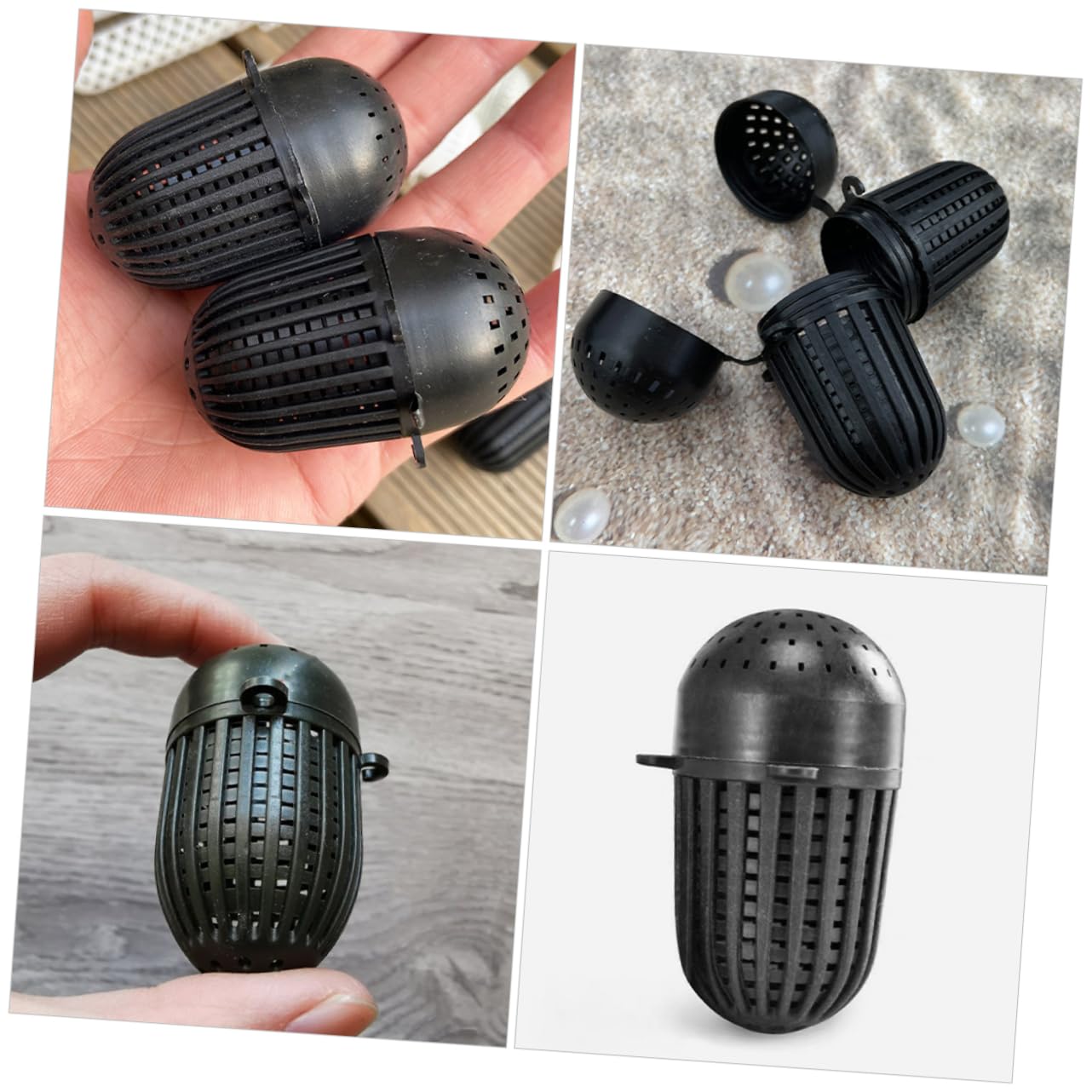 Black plastic fishing bait cage for outdoor use