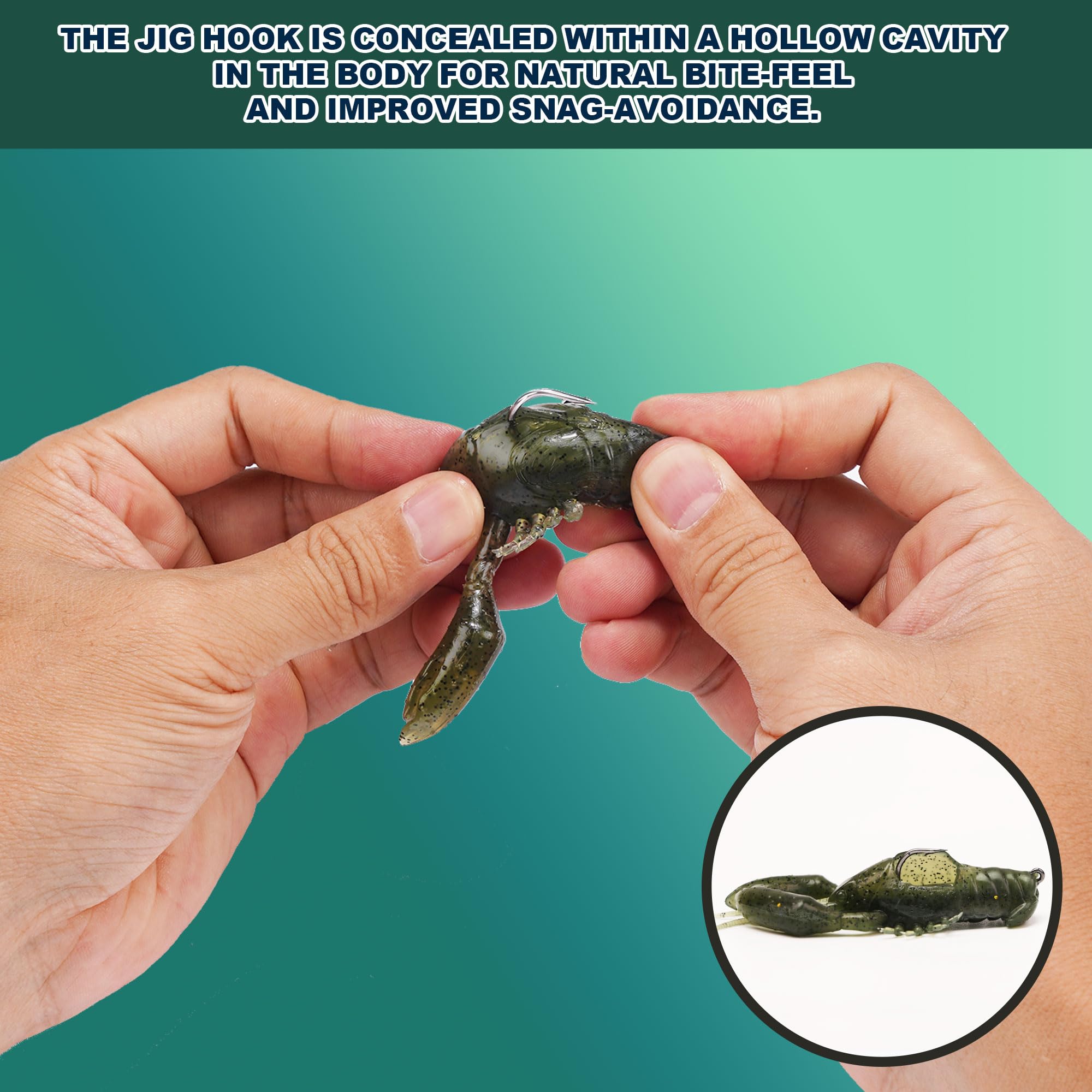 Close-up of hidden carapace hook guard in orange Sleeper Craw
