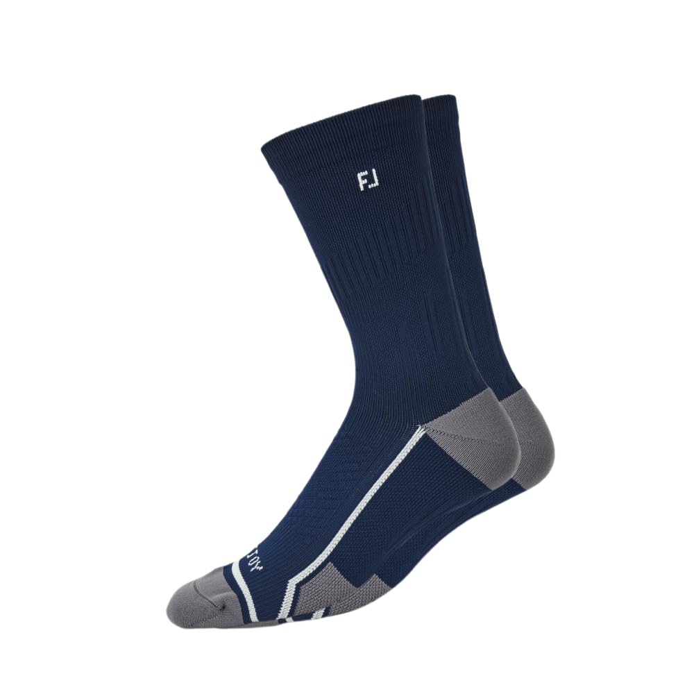FootJoy TechD.R.Y. navy crew sock with targeted arch support for all-day comfort on and off course.