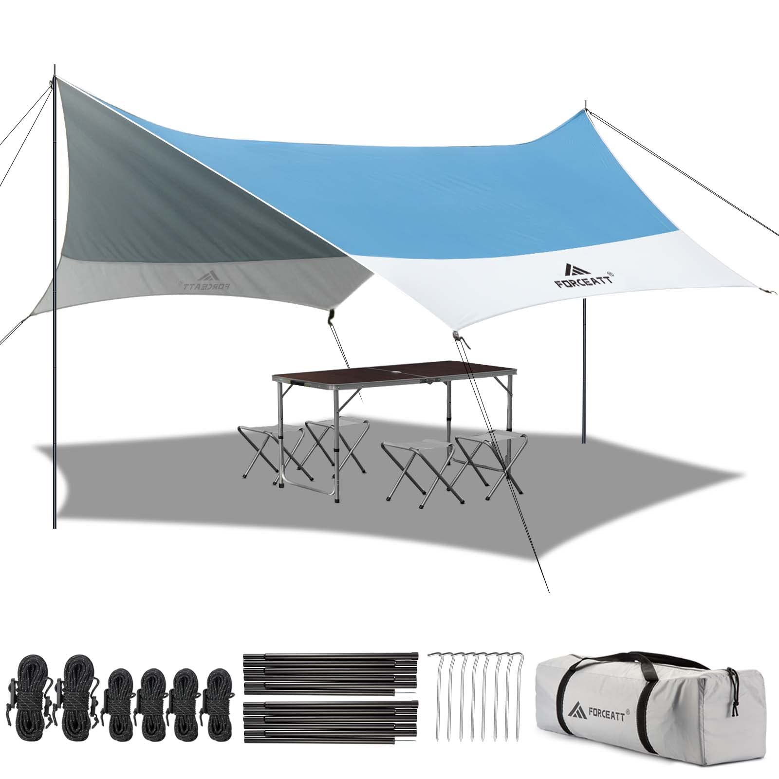 Forceatt 12x14ft tarp set up with dual poles for quick shade
