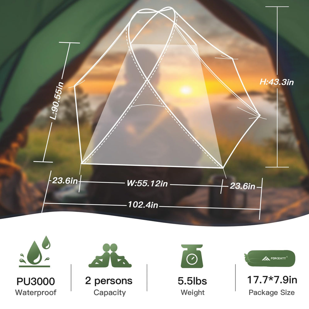Forceatt camping tent 2 person side view demonstrates easy setup in minutes.