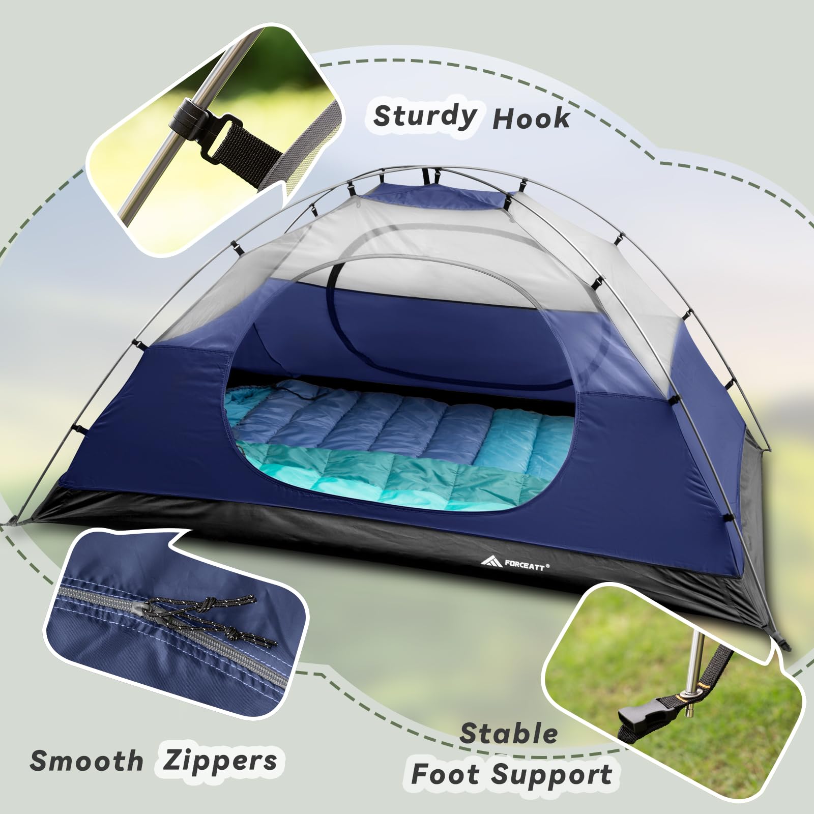 Forceatt camping tent aluminum poles close-up showing sturdy frame for windy days.