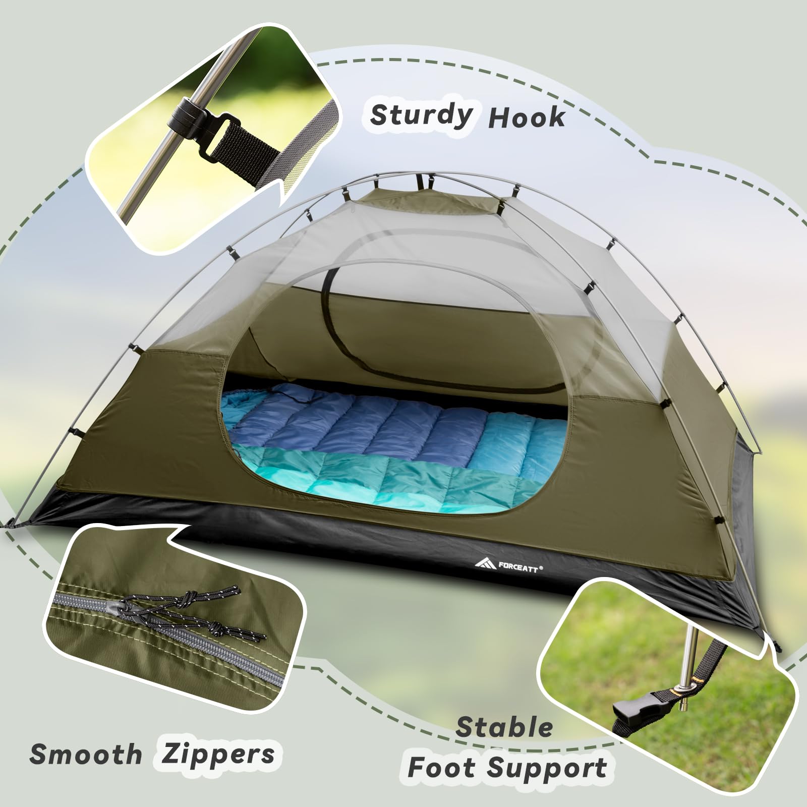 Forceatt camping tent aluminum-poles-strong lightweight frame resists wind.