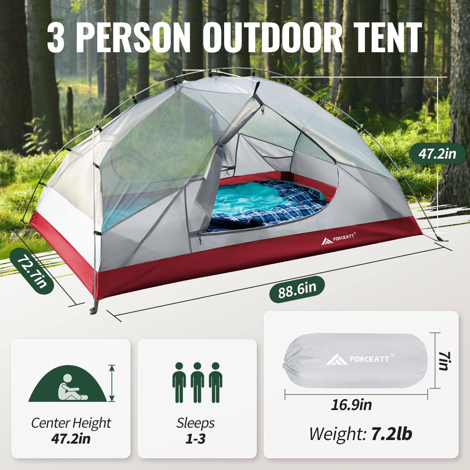Forceatt Tent welded floor showcases elevated base to keep gear dry.