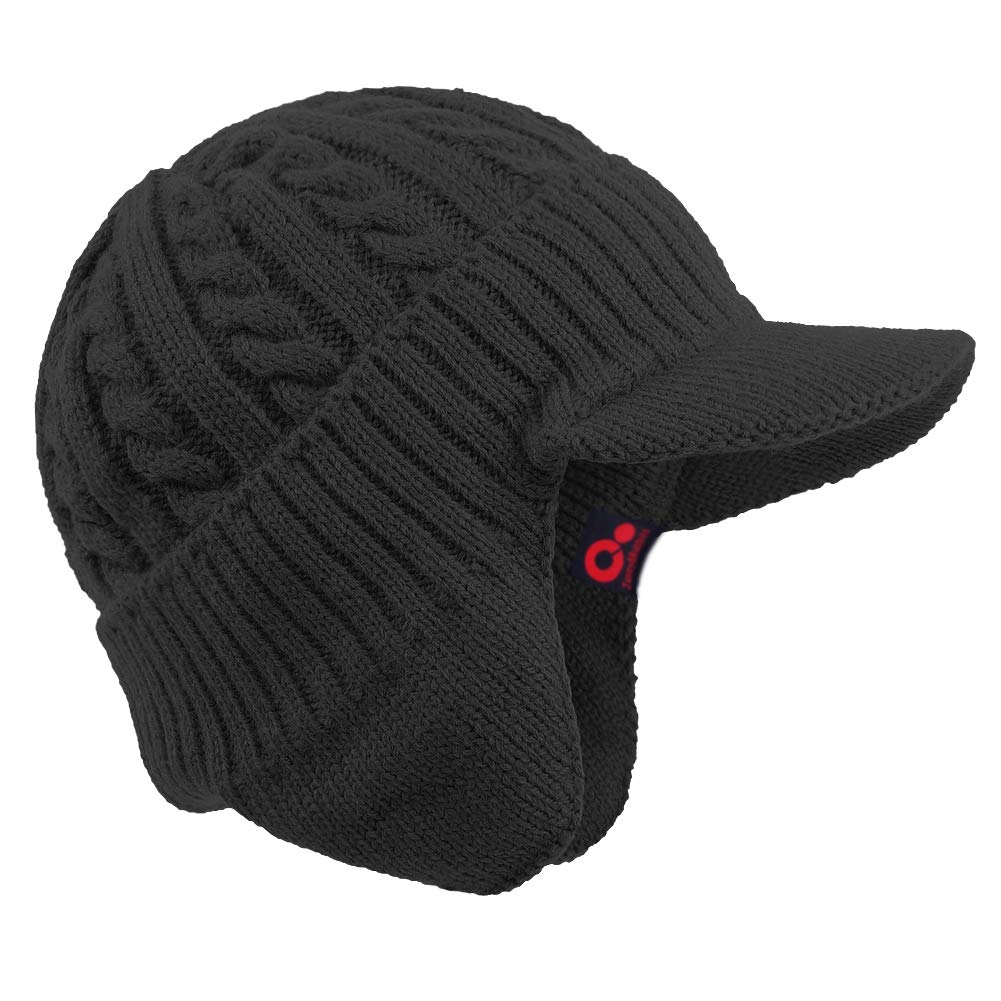 Black brimmed beanie with ear flaps side angle