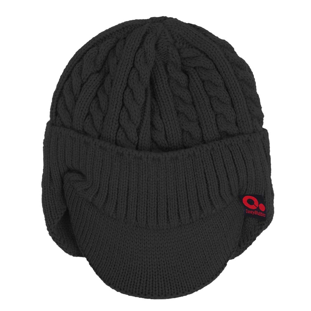 Ear flap detail on black beanie with brim
