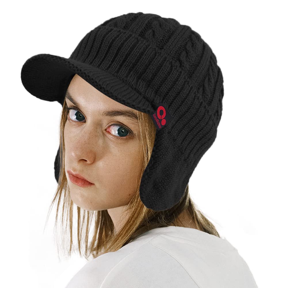 Lifestyle shot: black FORDALLIO brimmed beanie with ears and brim