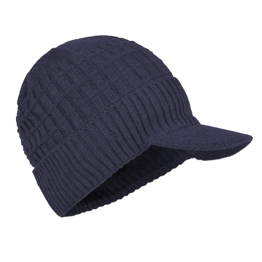 Front view of blue brimmed beanie with visor
