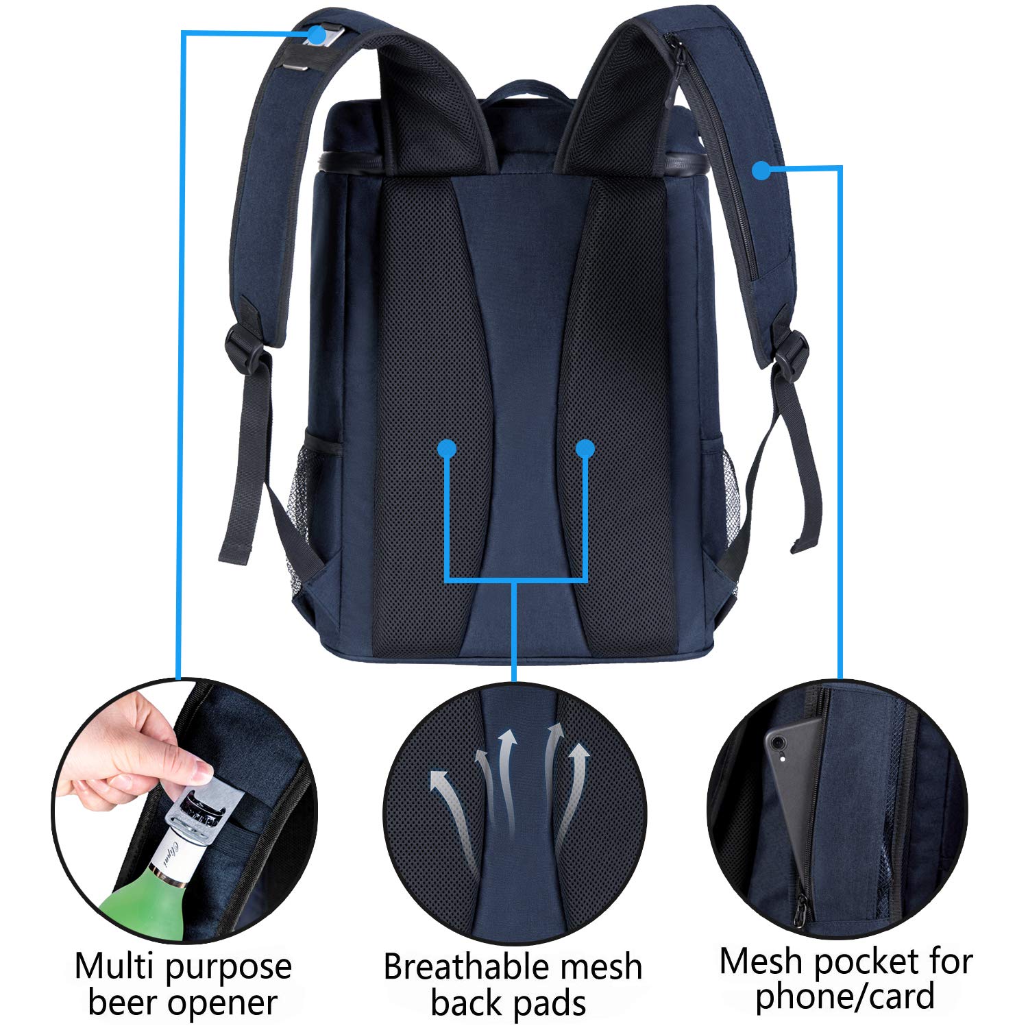 FORICH Backpack Cooler back-strap view emphasizes ergonomic padding for long hikes.