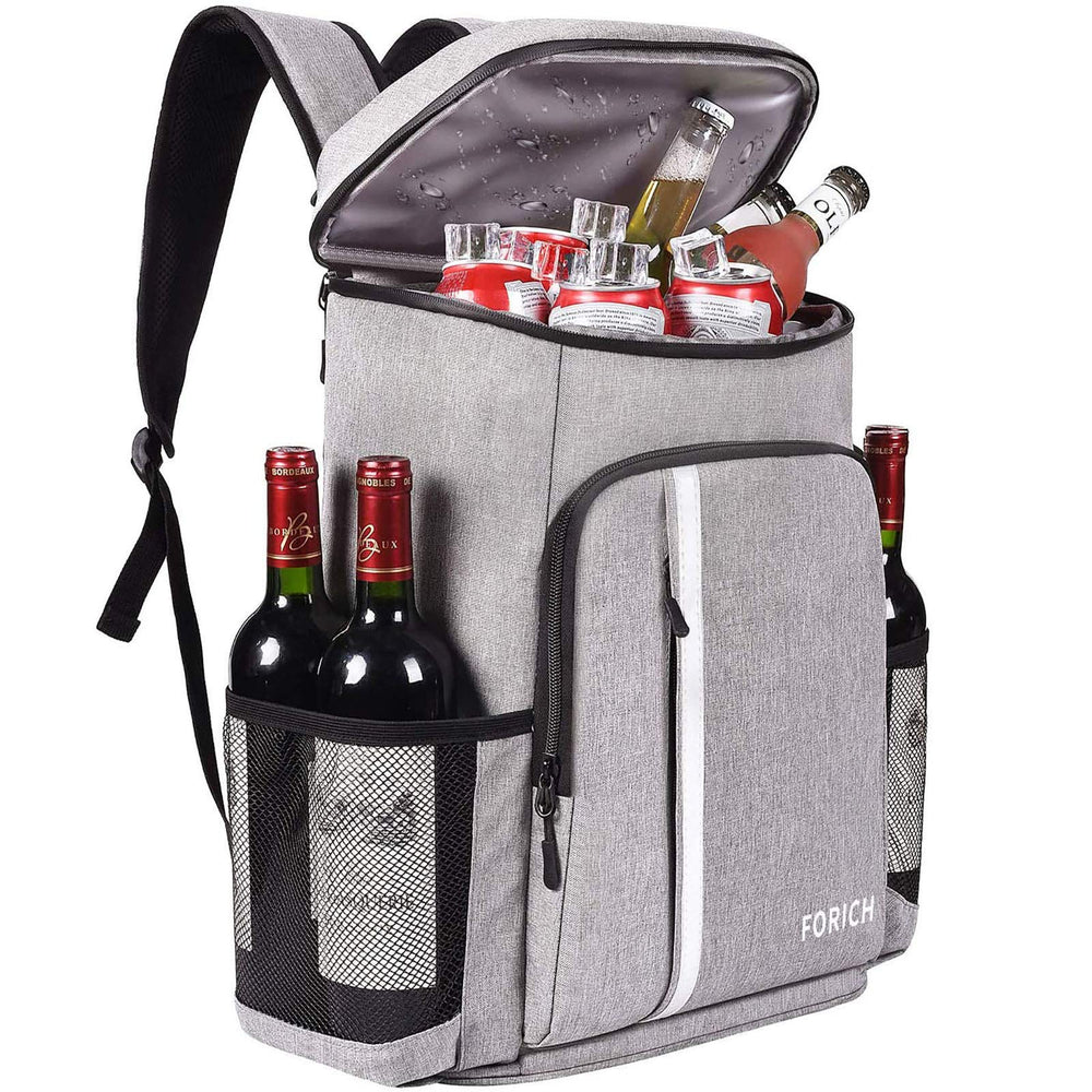 FORICH backpack cooler exterior shows a sturdy gray shell for beach picnics and outdoor days