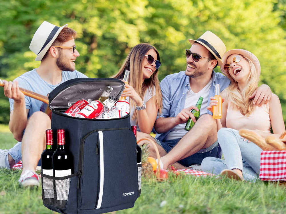 FORICH Backpack Cooler open-lid image highlights leakproof interior and easy cleaning.