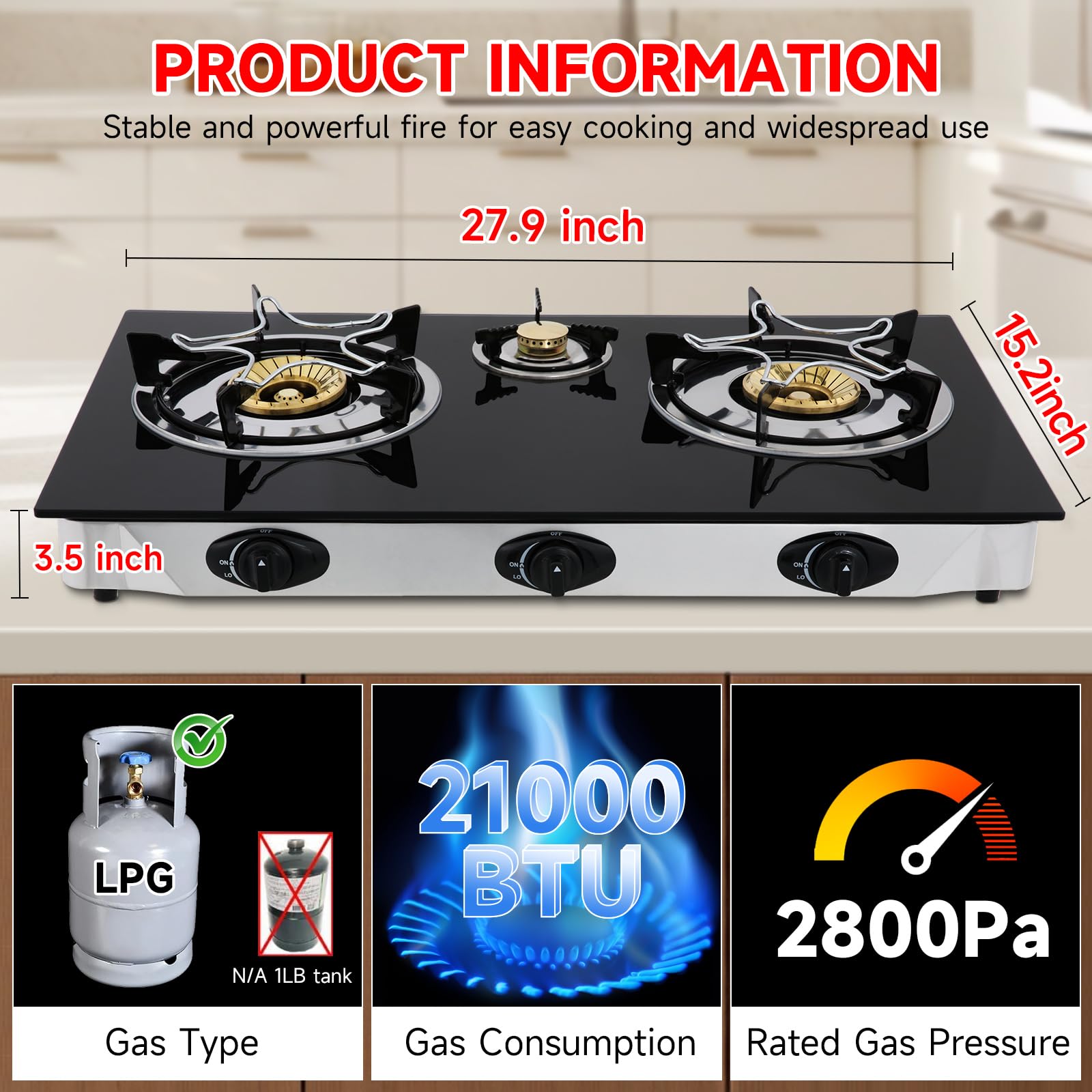 Forimo propane gas cooktop 3-burners control knobs highlight precise heat control for quick searing