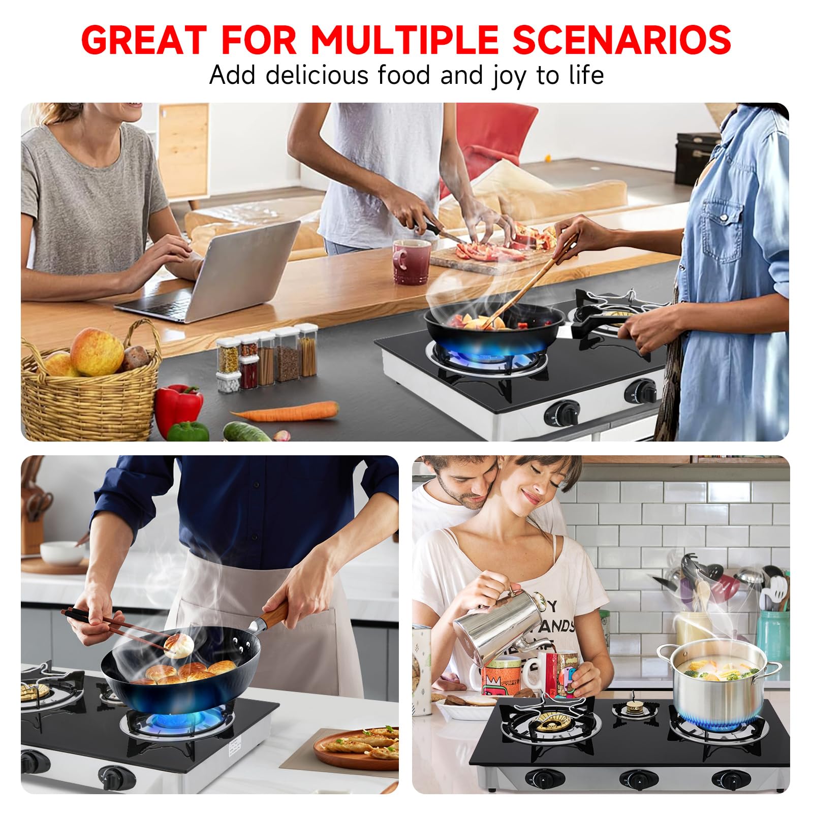 Forimo propane gas cooktop 3-burners cooking with pots shows secure placement and efficient space use