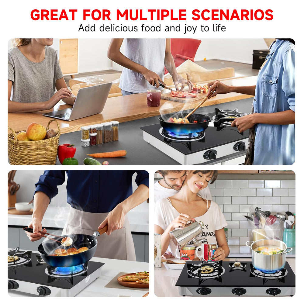 Forimo propane gas cooktop 3-burners cooking with pots shows secure placement and efficient space use
