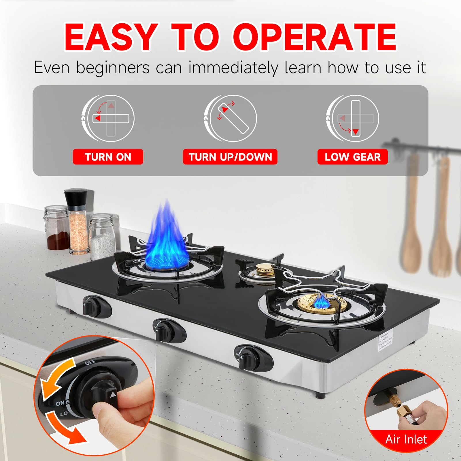 Forimo propane gas cooktop 3-burners regulator and hose image with CSA certified components