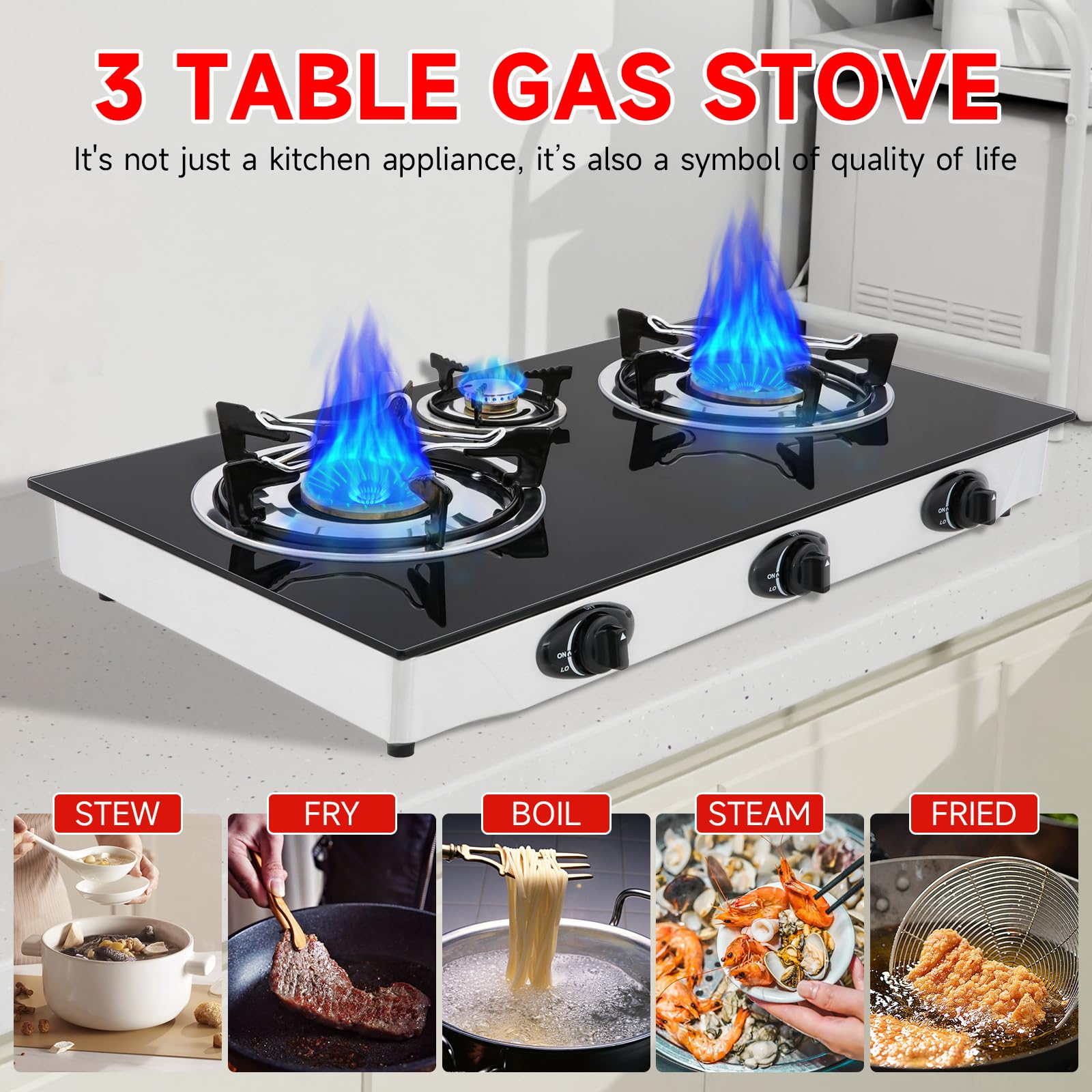 Forimo propane gas cooktop 3-burners tempered-glass surface emphasizes easy cleaning and durable finish