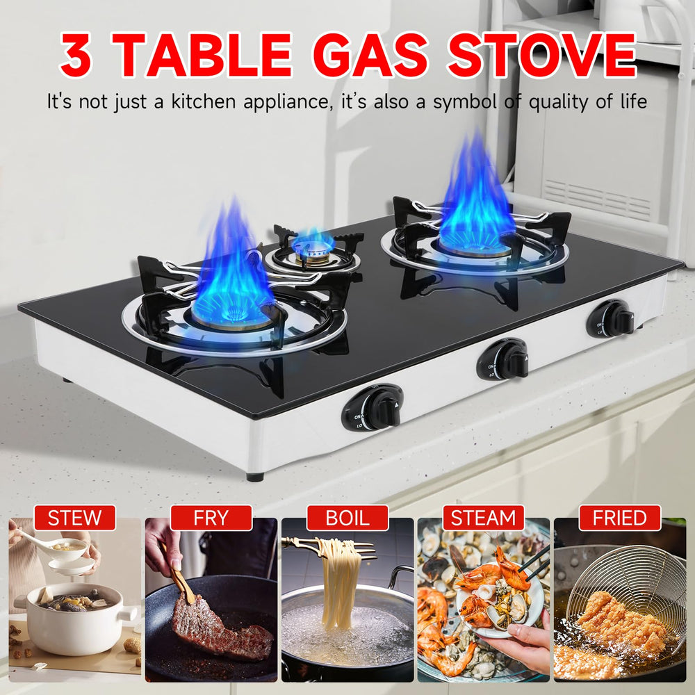 Forimo propane gas cooktop 3-burners tempered-glass surface emphasizes easy cleaning and durable finish