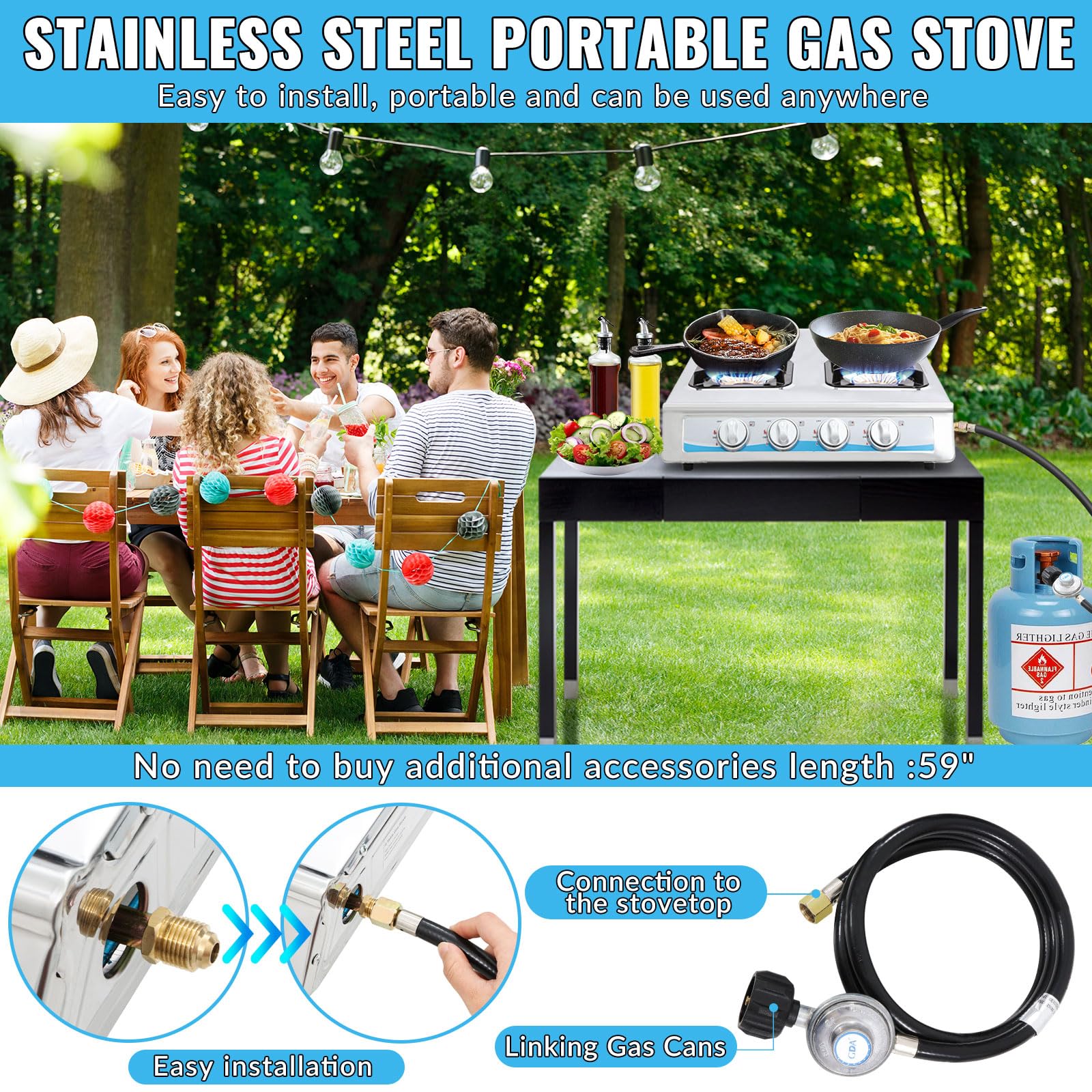 Forimo propane stove regulator and hose included for safe hookup.