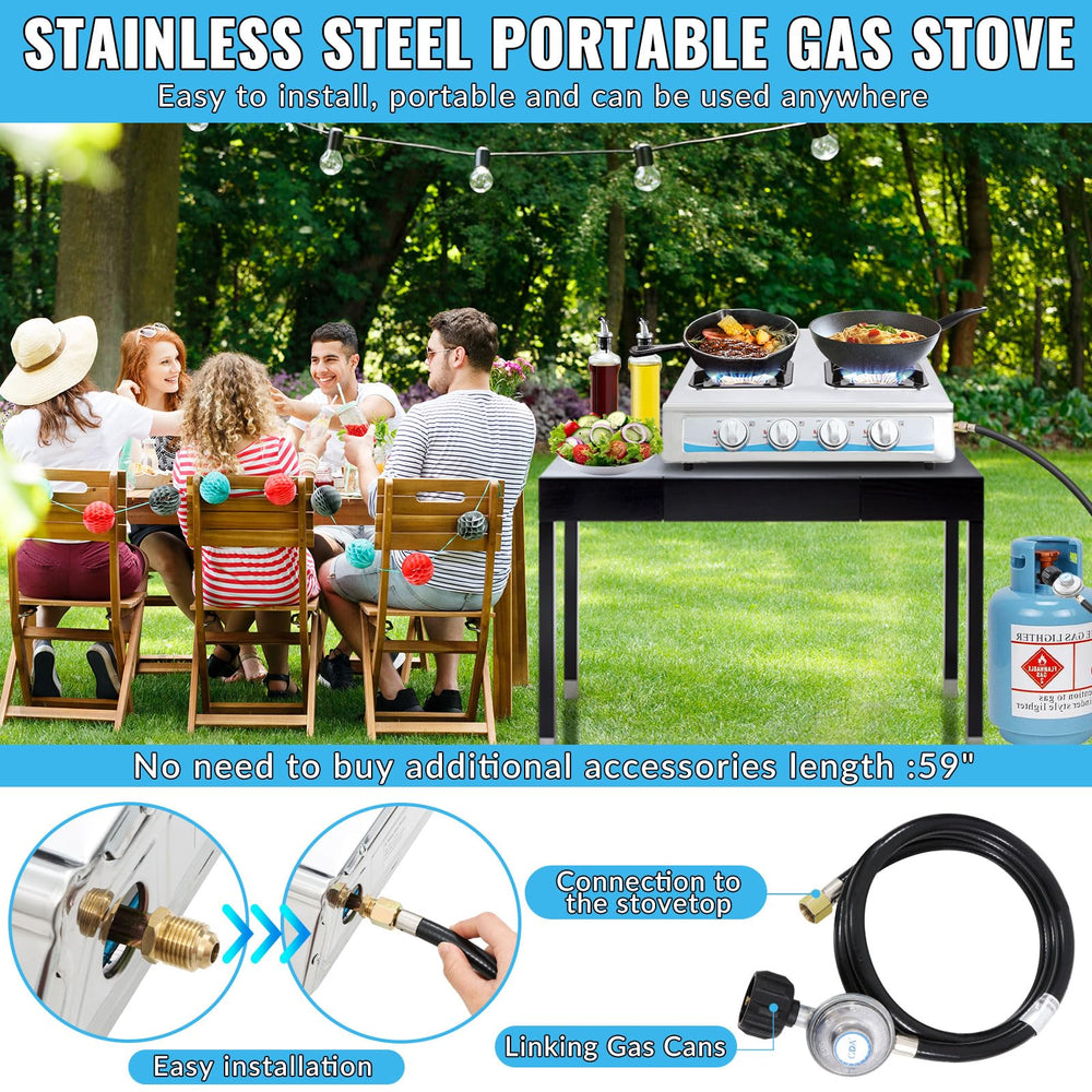 Forimo propane stove regulator and hose included for safe hookup.