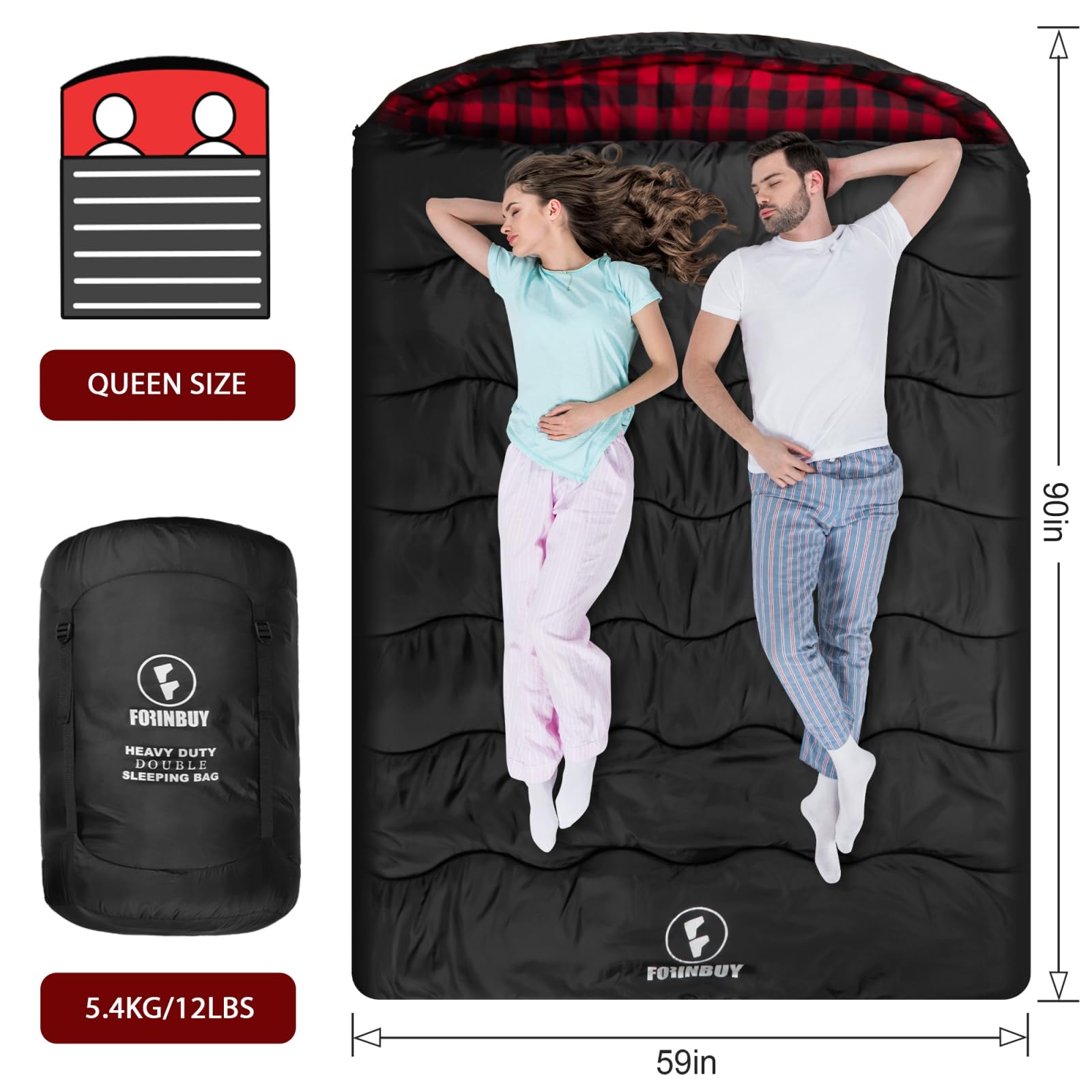 Forinbuy 0-degree flannel double sleeping bag side entry demonstrates easy access for two campers