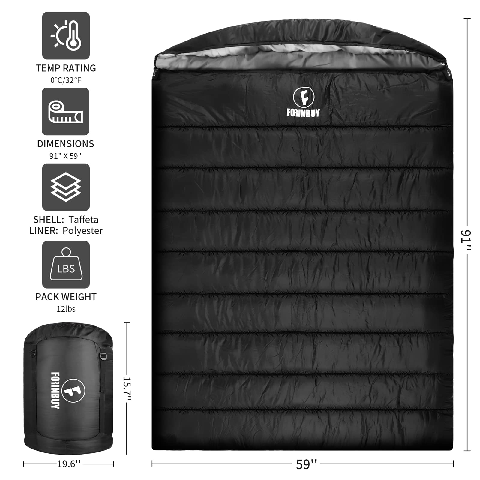 Forinbuy double sleeping bag interior fiber lining feels soft and breathable for comfort.