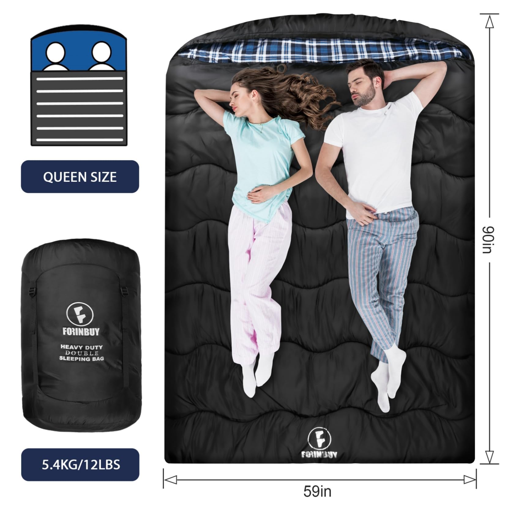 Forinbuy double sleeping bag with soft flannel lining delivers plush bedding-like comfort.
