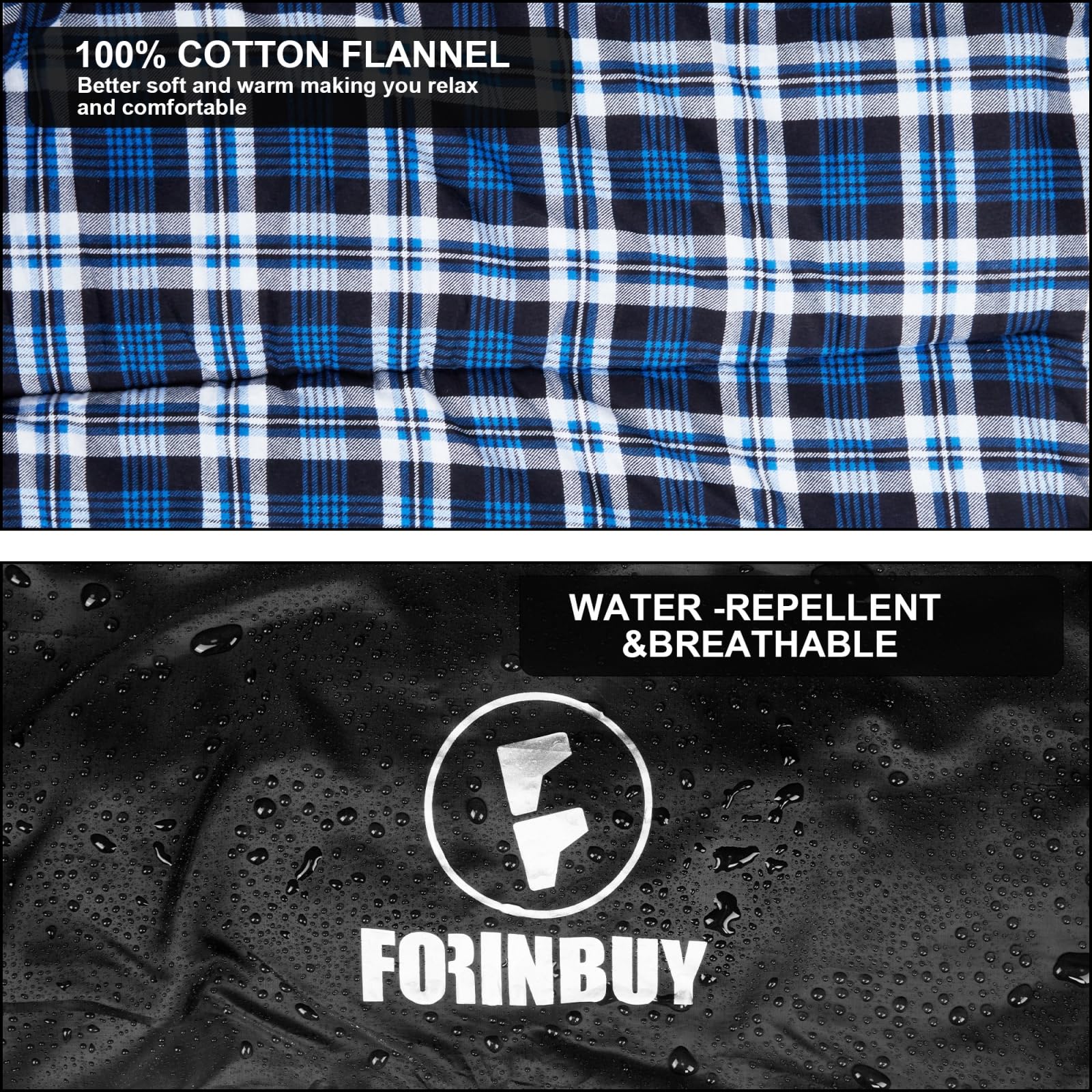 FORINBUY sleeping bag interior cotton flannel lining enhances softness.