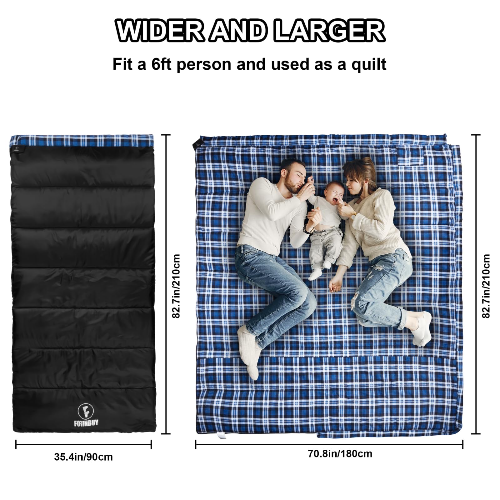 FORINBUY sleeping bag side zipper for easy entry and heat retention.
