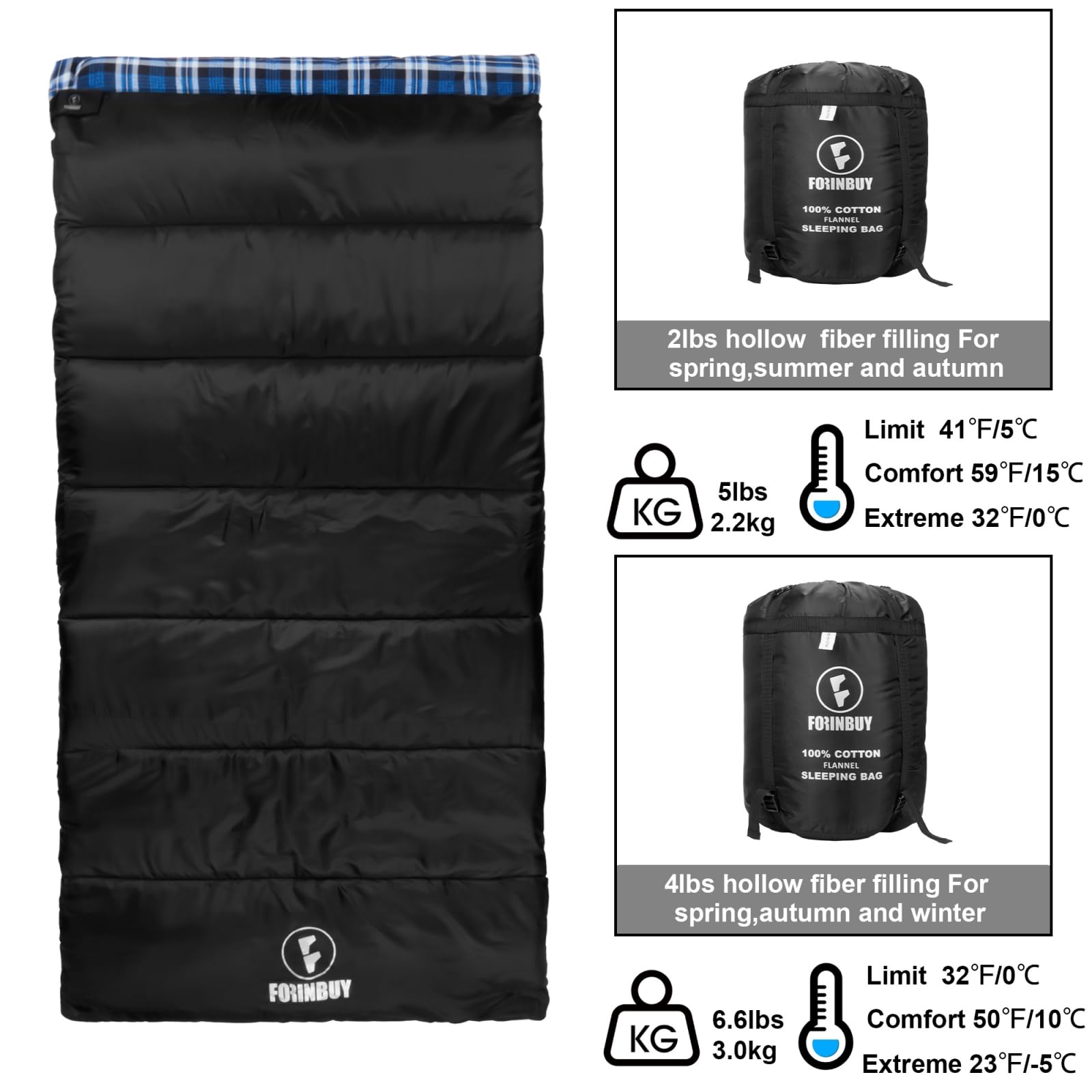 FORINBUY 82.7 by 35.4 inch sleeping bag for adults.