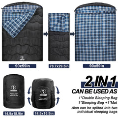 Forinbuy sleeping bag can split into two singles for flexible campsite arrangements.