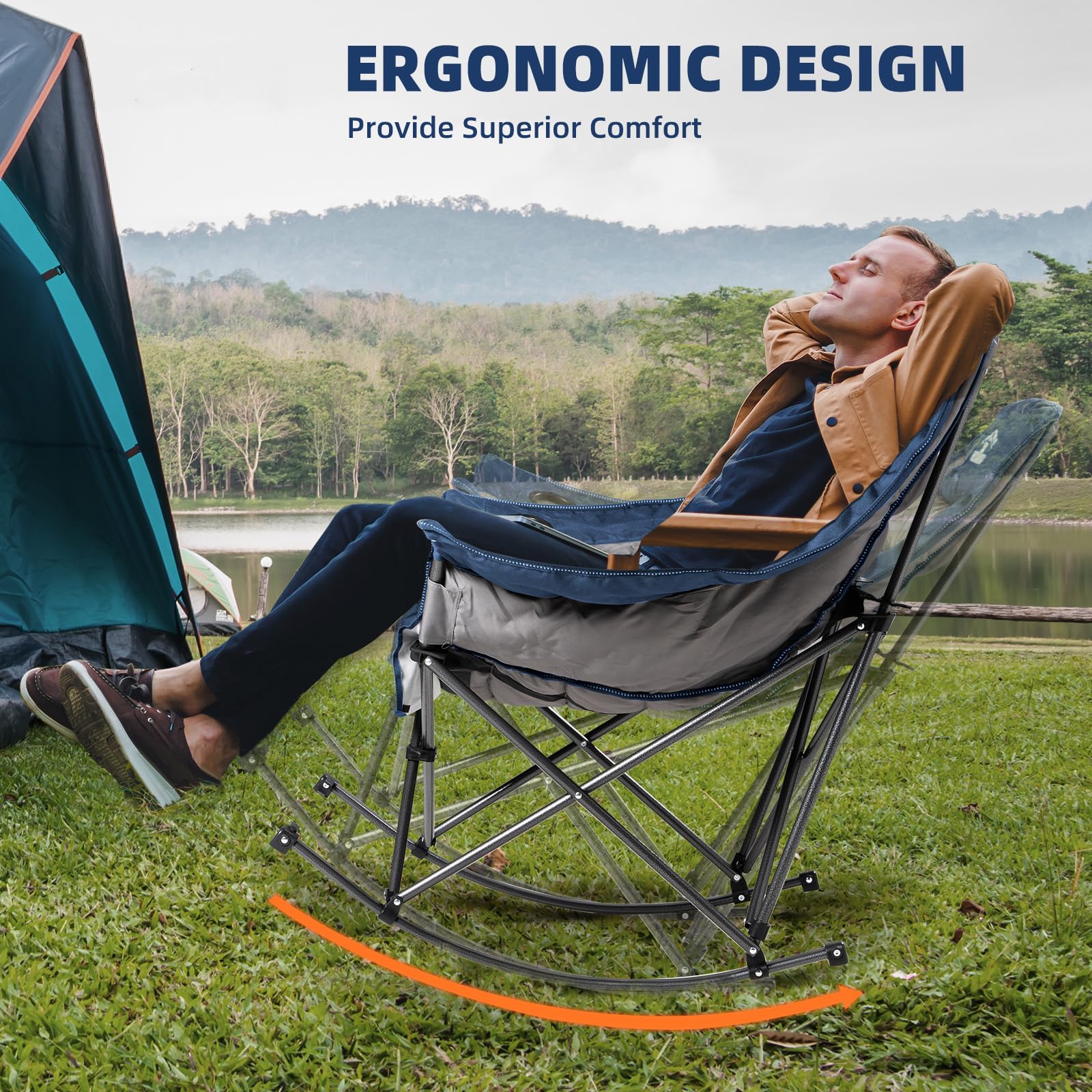 Foristrail rocking chair padded headrest enhances neck comfort by the campfire.