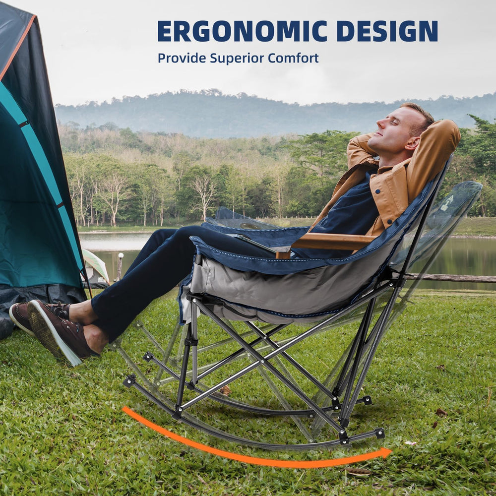 Foristrail rocking chair padded headrest enhances neck comfort by the campfire.