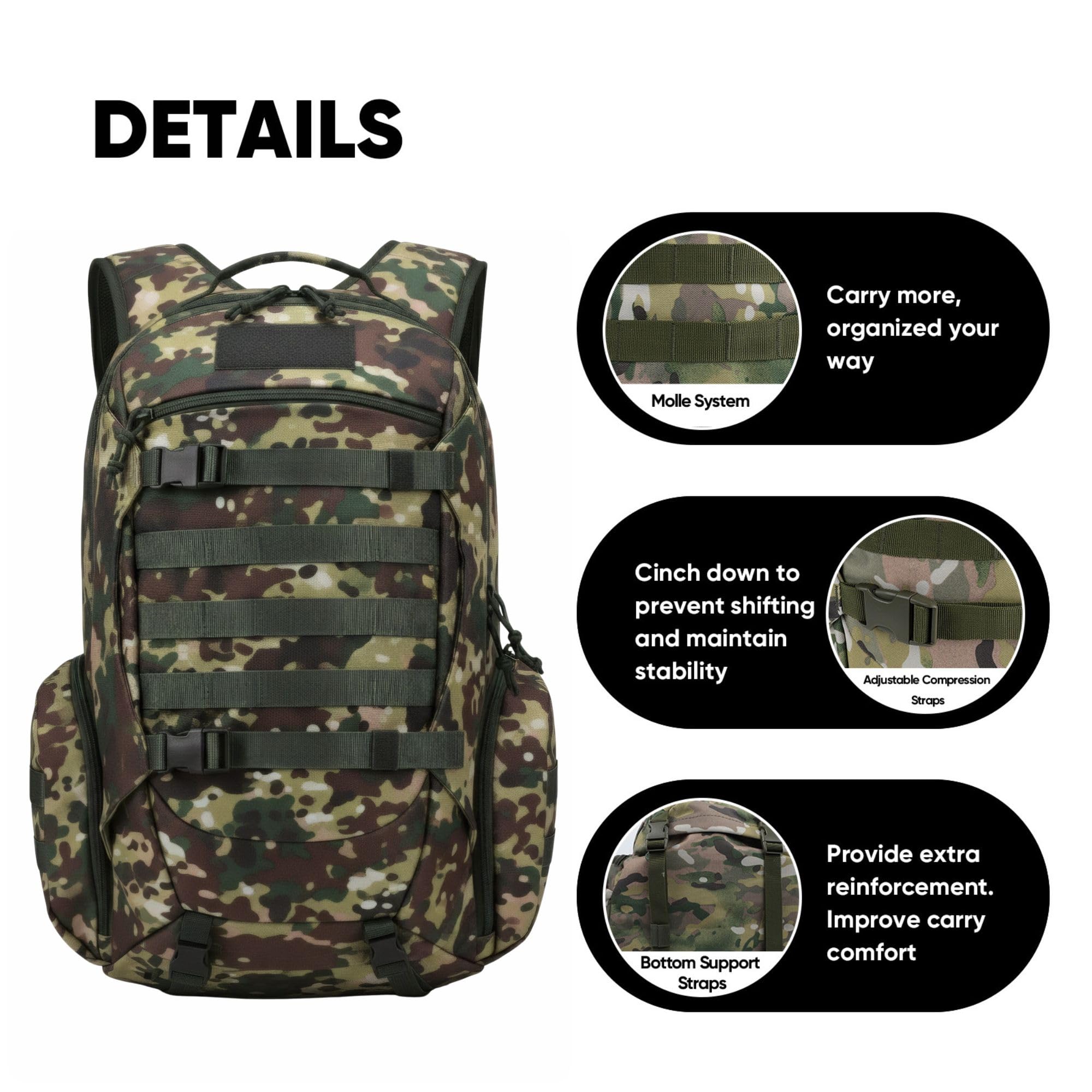 Fortune Edge 35L tactical backpack bottom-straps designed for tents or sleeping bags.