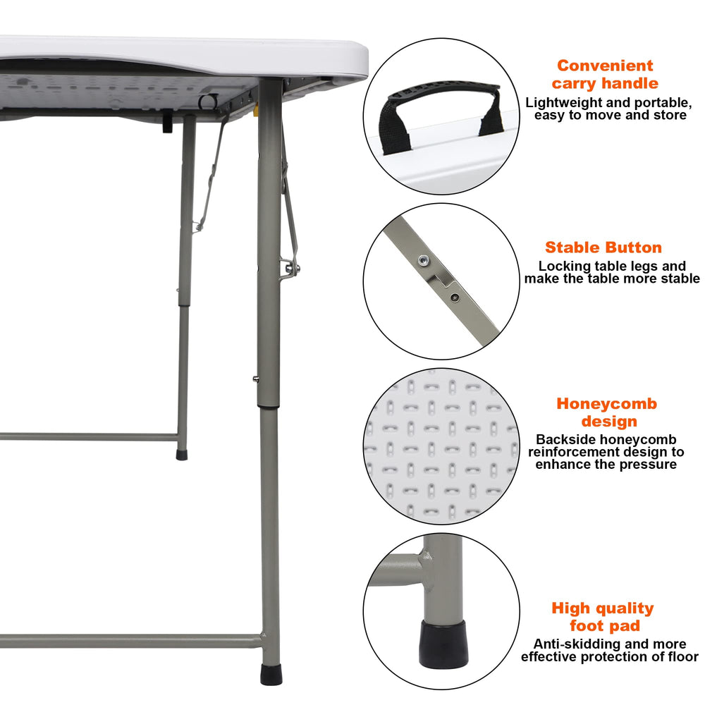 FORUP folding utility table showing height adjustments for versatile setups.