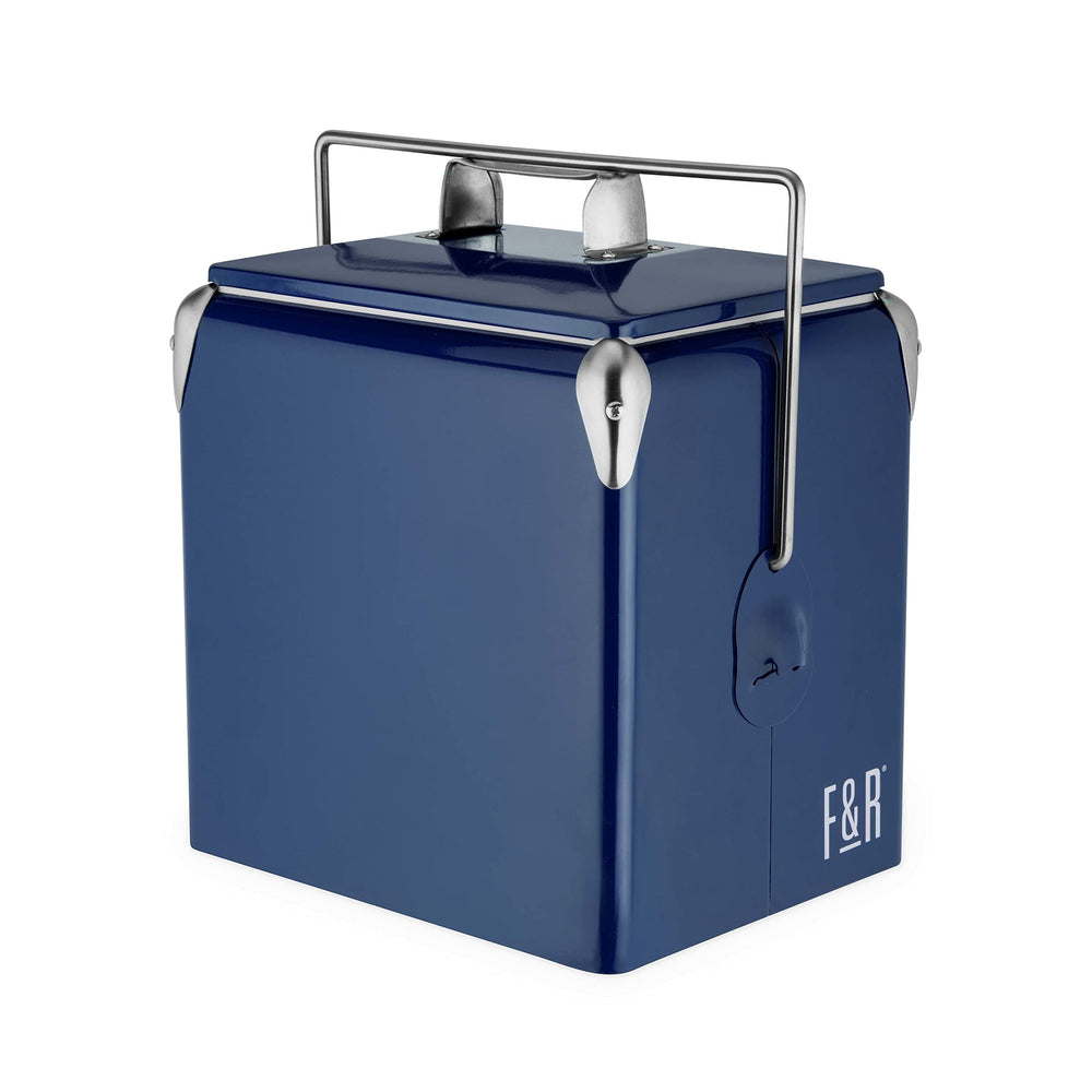 Foster & Rye stainless steel retro cooler navy front view ideal for outdoor parties.