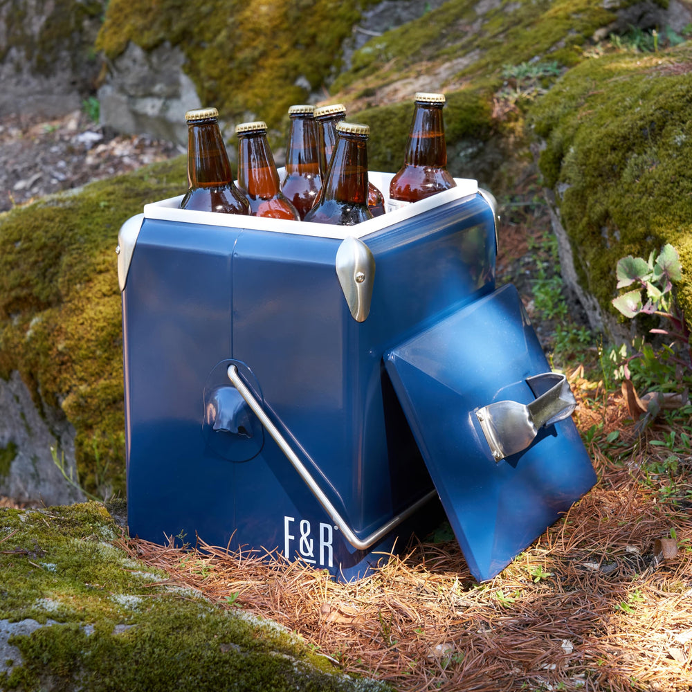 Foster & Rye stainless steel retro cooler navy side view portable beer storage.
