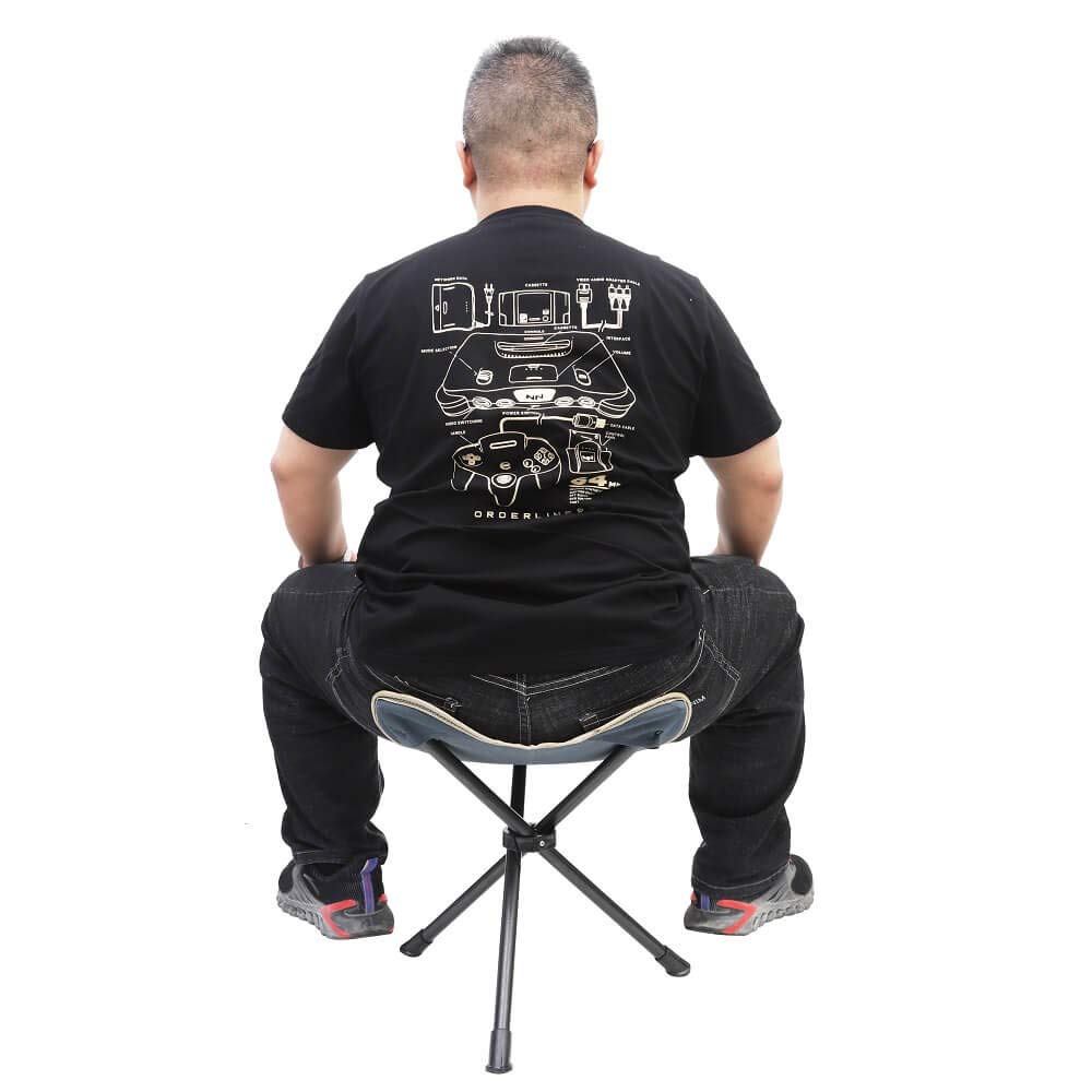 Fotopro field seat in black blends with gear for low-profile travel.