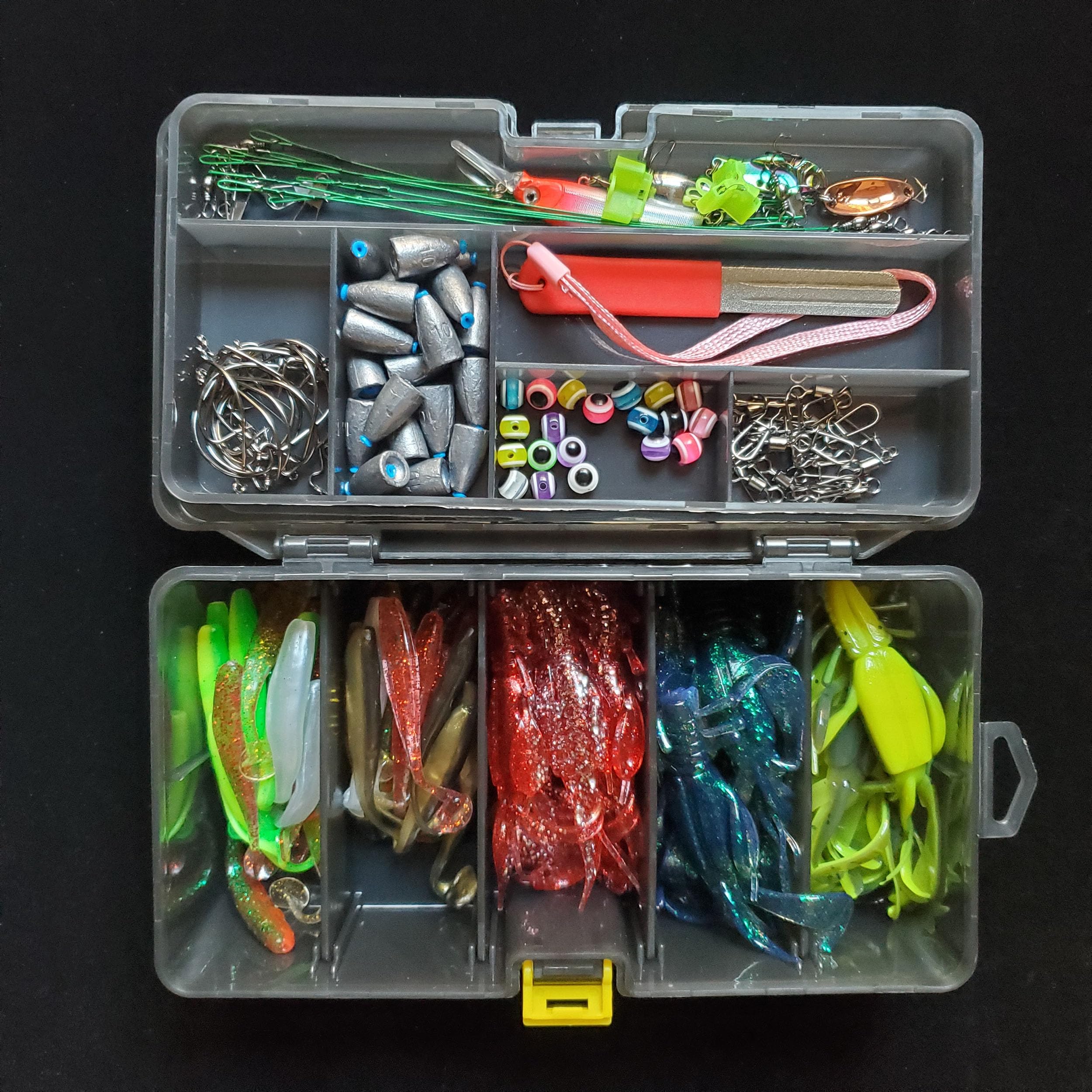 Compact versatile storage box for small tools and fishing tackle
