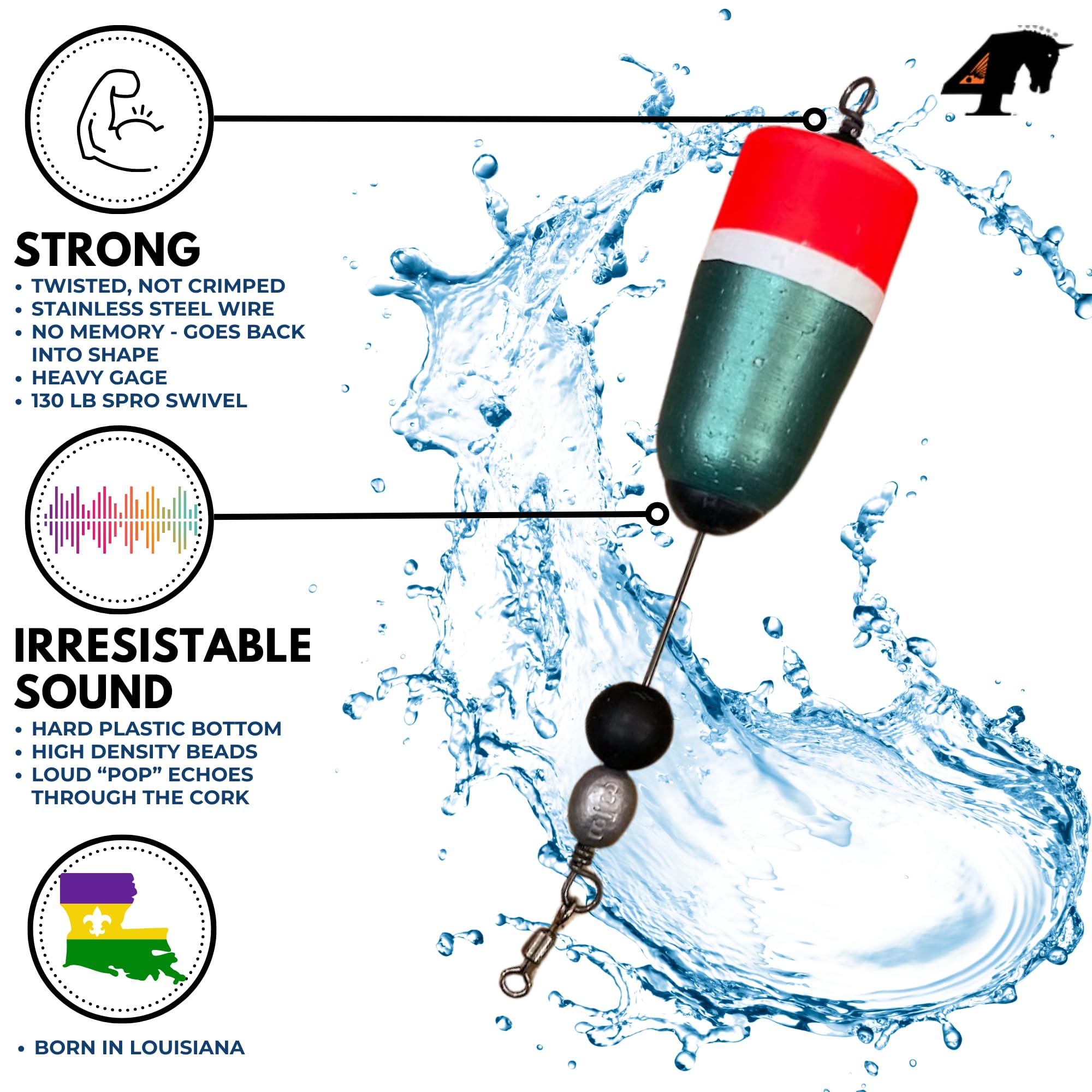 Four Horsemen Tackle popping cork pack side view highlights swivel and end-cap sturdiness