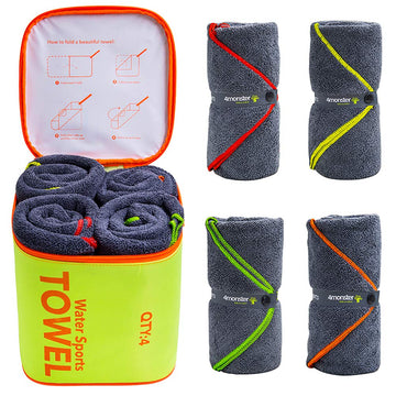 4Monster family-pack towels with waterproof bag for easy outdoor trips.