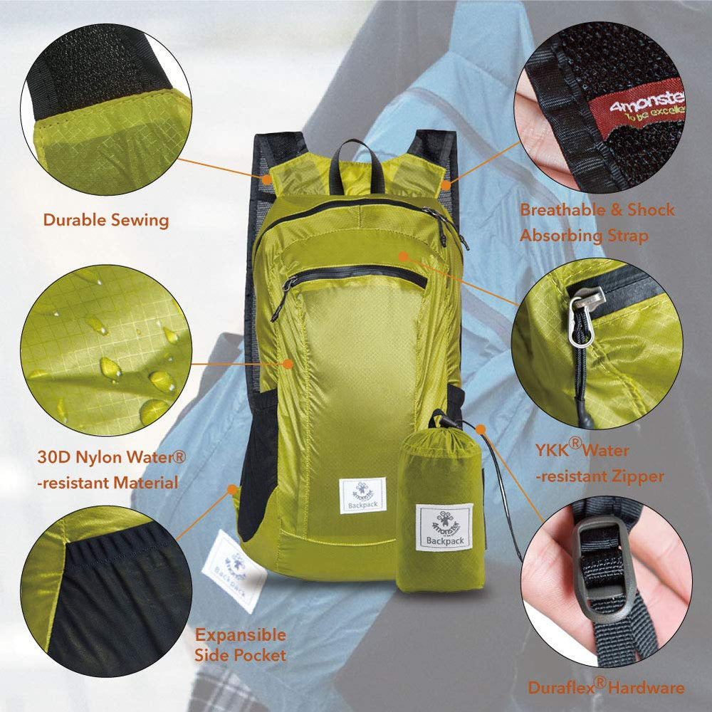 4Monster Hiking Daypack with water-resistant zipper keeps essentials dry in light rain.