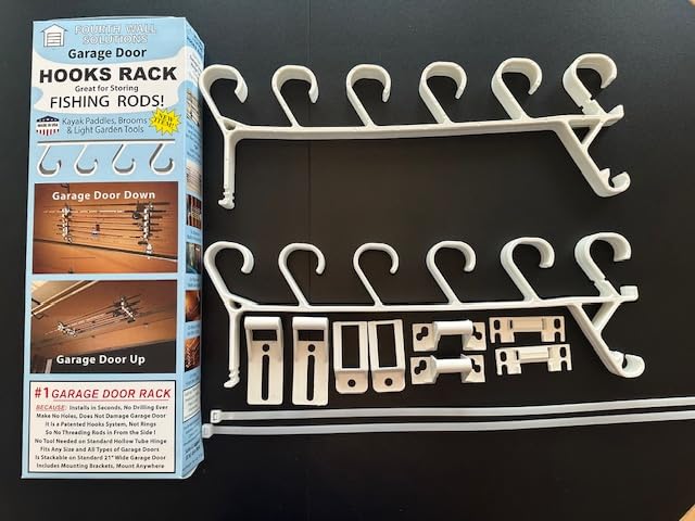 Fourth Wall Solutions storage rack rod holder keeps fly rods accessible and protected during garage storage.