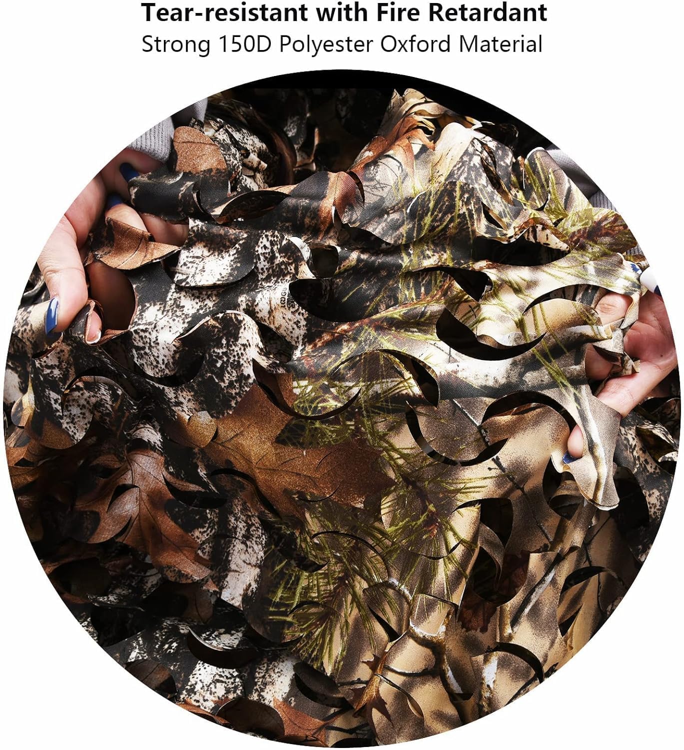 Fousam camo netting leaf camo detail highlights ripstop material and tear resistance.