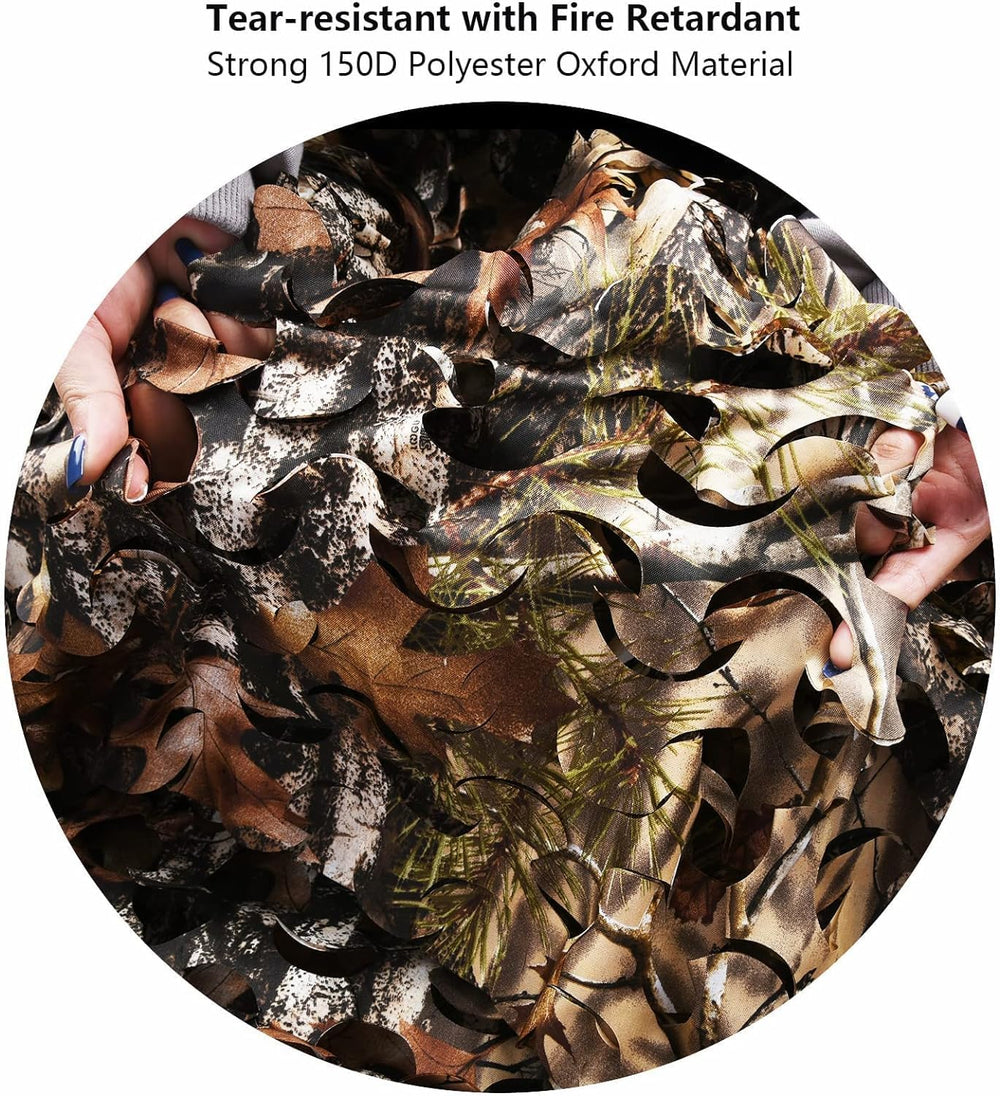Fousam camo netting leaf camo detail highlights ripstop material and tear resistance.