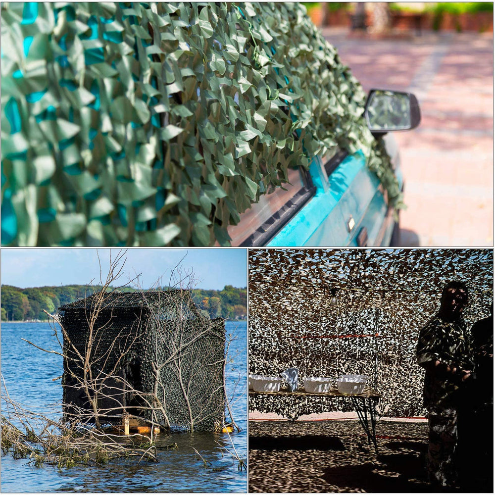Fousam camo netting in woodland scene demonstrates concealment and backdrop use.